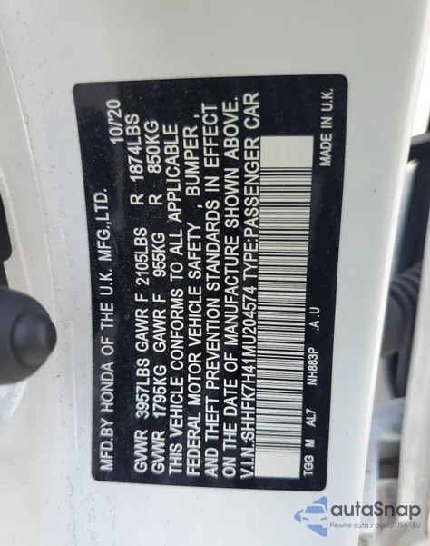 2021 Honda Civic Sport из США, поврежденный, VIN SHHFK7H41MU204574